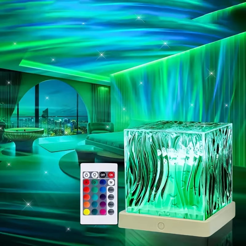 Ocean Wave Aurora Projector Light Remote 16 Colors RGB Dimmable Water Ripple Flame Crystal Lamp for Living Room Study Bedroom