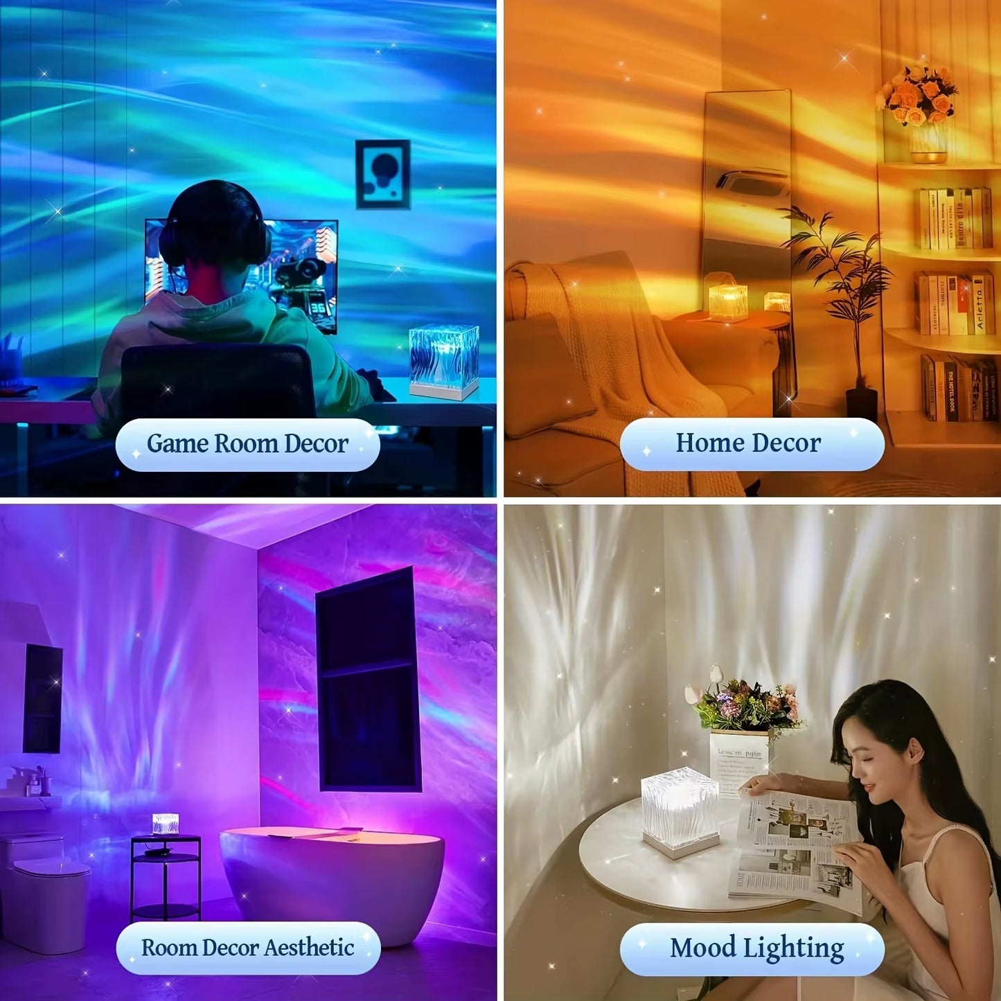 Ocean Wave Aurora Projector Light Remote 16 Colors RGB Dimmable Water Ripple Flame Crystal Lamp for Living Room Study Bedroom